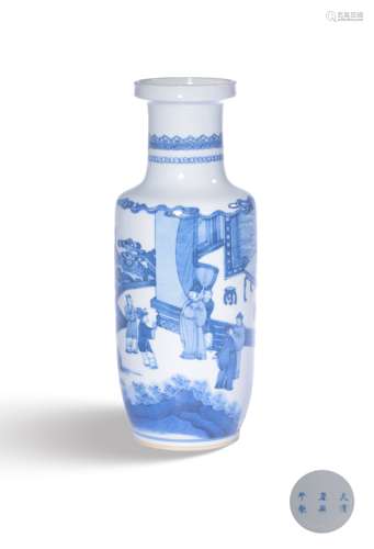 A BLUE AND WHITE ‘LANDSCAPE’ROULEAU VASE,MARK AND PERIOD OF ...