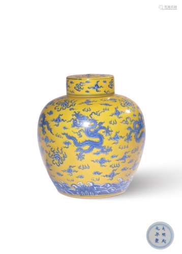 A LEMON-YELLOW-GLAZED BLUE AND WHITE JAR,MARK AND PERIOD OF ...