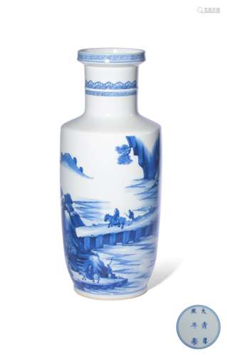 A BLUE AND WHITE ‘LANDSCAPE’ROULEAU VASE,MARK AND PERIOD OF ...