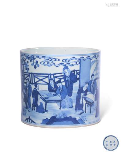 A BLUE AND WHITE ‘FIGURE’BRUSHPOT,MARK AND PERIOD OF KANGXI
