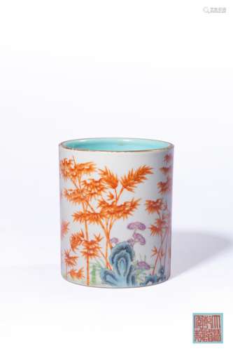 A FAMILLE-ROSE AND IRON-RED‘STONE’BRUSHPOT,MARK AND PERIOD O...