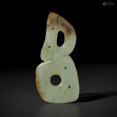 A PALE YELLOW JADE DOUBLE-HOLE ORNAMENT PLAQUE, HONGSHAN CUL...