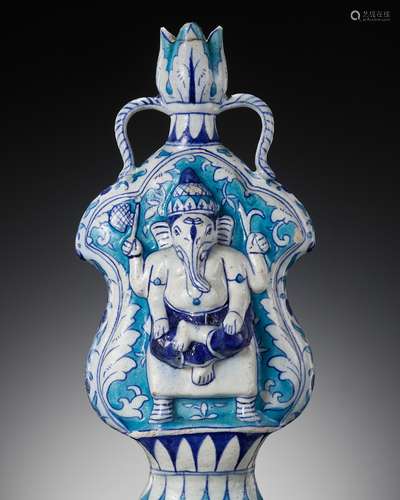 A JAIPUR BLUE POTTERY ‘GANESHA’ FLASK, INDIA, RAJASTHAN, 19T...