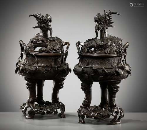 A PAIR OF LARGE BRONZE ‘DRAGON’ CENSER AND COVERS, QING DYNA...