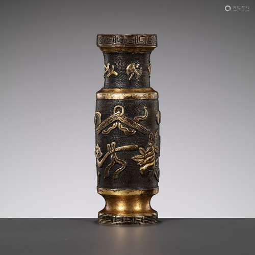 A PARCEL-GILT BRONZE TOOL VASE BY HU WENMING, MING DYNASTY