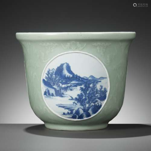A CARVED CELADON-GROUND BLUE AND WHITE JARDINIÈRE, QIANLONG ...
