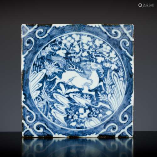 A BLUE AND WHITE ‘QILIN’ TILE, LATE MING DYNASTY