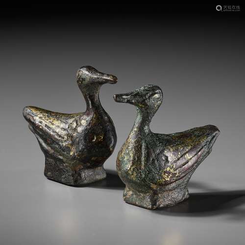 A GILT-BRONZE PAIR OF ‘DUCK’ MAT WEIGHTS, HAN DYNASTY