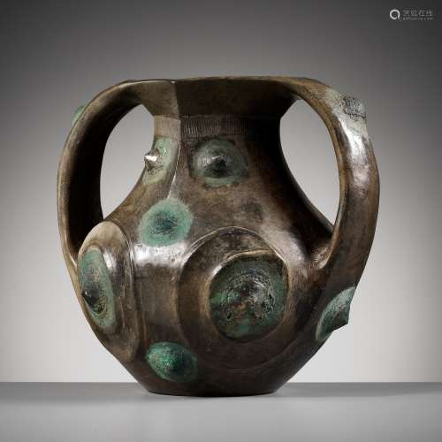 A BLACK POTTERY AMPHORA WITH APPLIED COPPER BOSSES, LIFAN, H...