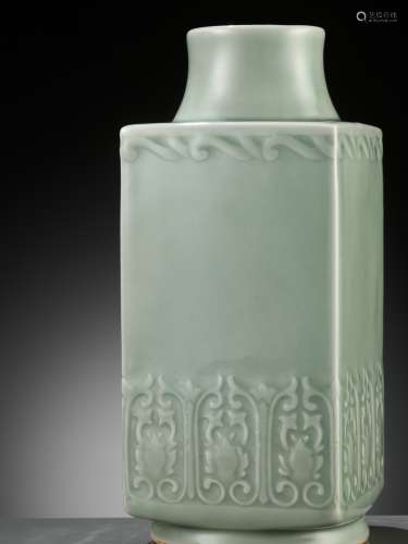 A CARVED AND CELADON-GLAZED CONG-FORM VASE, KANGXI PERIOD