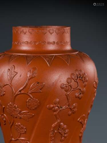 A YIXING RED STONEWARE VASE, BY CHEN ZIWEN, FIRST HALF OF 18...