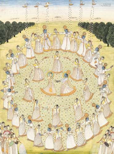 AN INDIAN MINIATURE PAINTING OF THE RASALILA, 18TH-19TH CENT...