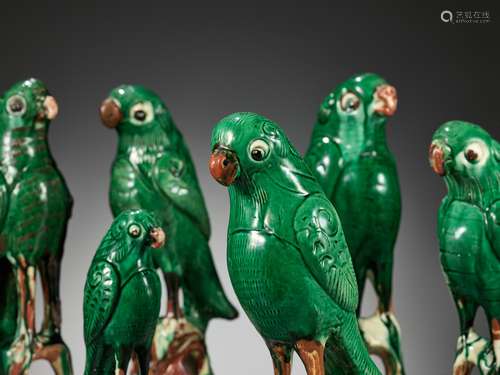 A COLLECTION OF SIX DIFFERENT SANCAI-GLAZED CERAMIC PARROTS,...