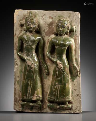 A GLAZED POTTERY TILE DEPICTING THE TWO DAUGHTERS OF MARA, P...