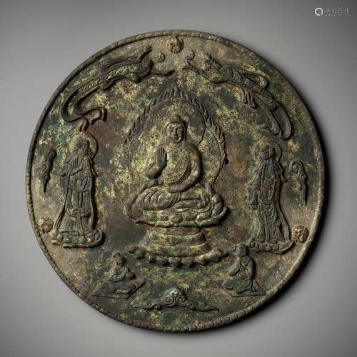 A GILT-BRONZE VOTIVE PLAQUE DEPICTING THE MAITREYA, JIN DYNA...