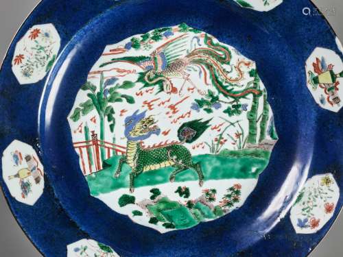 A LARGE POWDER BLUE FAMILLE-VERTE ‘QILIN AND PHOENIX’ CHARGE...
