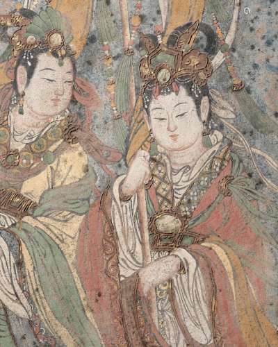 A GESSO AND STUCCO FRESCO DEPICTING TWO CELESTIAL MAIDENS, Y...