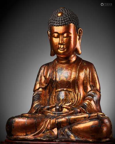 AN EXTRAORDINARY LARGE GILT-LACQUER WOOD STATUE OF BUDDHA, V...