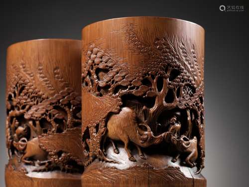 A PAIR OF BAMBOO ‘OX-HERD’ BRUSHPOTS, BITONG, QING DYNASTY