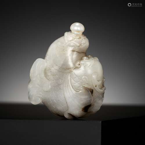 A NEPHRITE JADE ‘DRAGON CARP’ SNUFF BOTTLE, ATTRIBUTED TO TH...