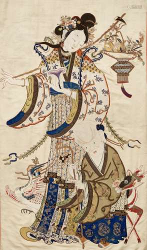 A SILK EMBROIDERED PANEL DEPICTING SHOULAO AND MAGU WITH CRA...
