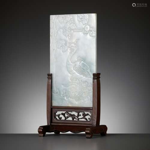 A WHITE AND EMERALD-GREEN JADEITE ‘PHOENIX’ TABLE SCREEN, CH...