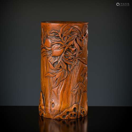 A BAMBOO ‘PEACH TREE’ BRUSHPOT, BITONG, LATE MING TO EARLY Q...