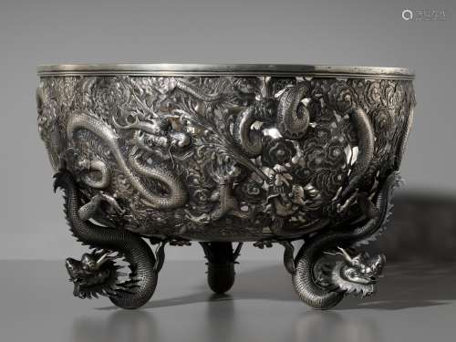 A LARGE SILVER ‘DRAGON’ RETICULATED PUNCH BOWL, MARKS OF SUI...