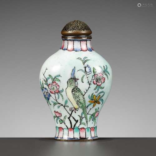 A CANTON ENAMEL ‘PARADISE BIRD’ SNUFF BOTTLE, MID-QING DYNAS...