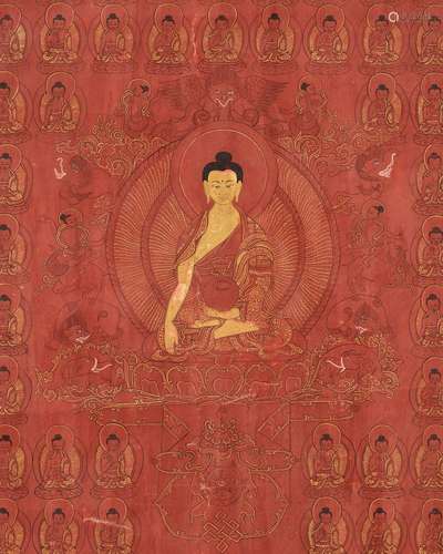 A RED-GROUND THANGKA OF BHAISAJYAGURU, THE MEDICINE BUDDHA, ...