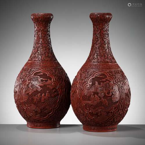 A PAIR OF LARGE CINNABAR LACQUER GARLIC HEAD VASES, CHINA, 1...