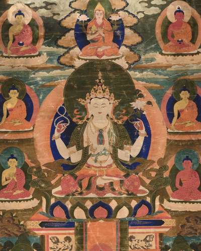 A THANGKA OF CHATURBHUJA AVALOKITESHVARA, TIBET, 18TH - 19TH...