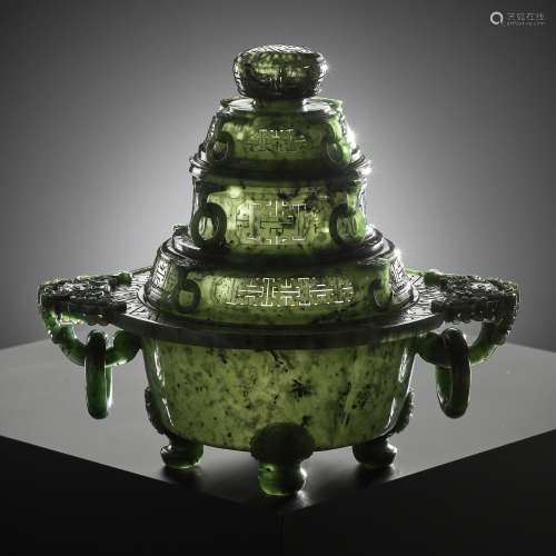A SPINACH GREEN JADE RETICULATED CENSER AND COVER, LATE QING...