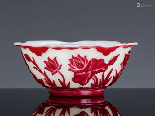 A RUBY-RED OVERLAY ‘LOTUS POND’ GLASS BOWL, MID-QING DYNASTY