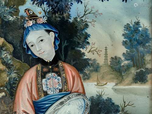 A ‘LADY AND PAGODA’ REVERSE GLASS PAINTING, CHINA, 18TH CENT...