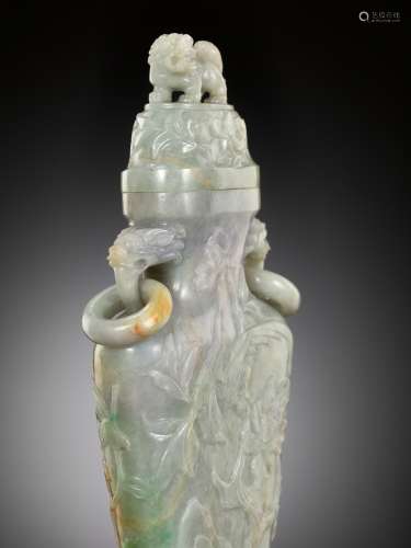 A JADEITE BALUSTER VASE AND COVER, LATE QING DYNASTY TO REPU...