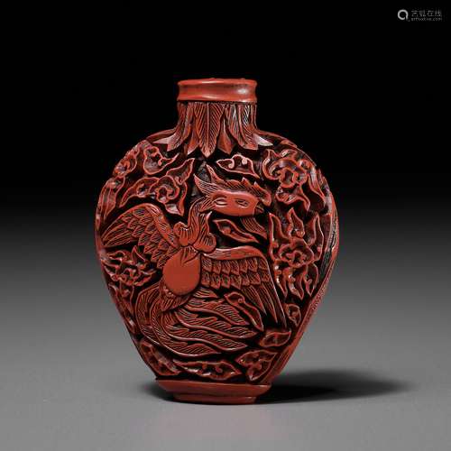 A CARVED CINNABAR LACQUER ‘PHOENIX’ SNUFF BOTTLE, PROBABLY I...