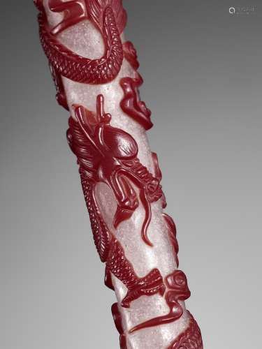 A CARVED RED OVERLAY SNOWFLAKE GLASS ‘DRAGON’ BRUSH HANDLE, ...