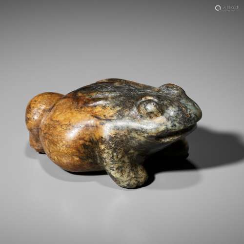 A LARGE GREEN AND RUSSET JADE FIGURE OF A THREE-LEGGED TOAD,...