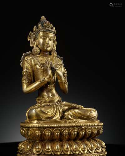 MAITREYA IN THE TUSHITA HEAVEN, AN EXTREMELY RARE GILT-BRONZ...