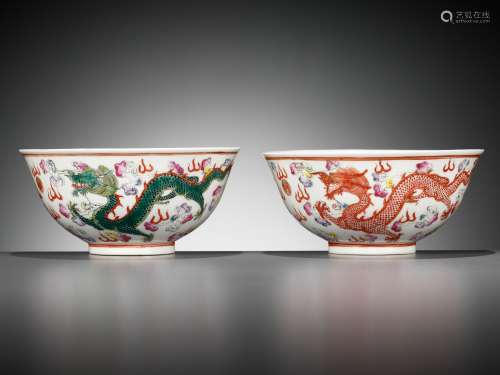 A PAIR OF FAMILLE ROSE 'DRAGON' BOWLS, SIX-CHARACTER XUANTON...