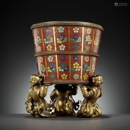 AN IMPERIAL CLOISONNÉ ENAMEL JARDINIÈRE, SUPPORTED BY THREE ...
