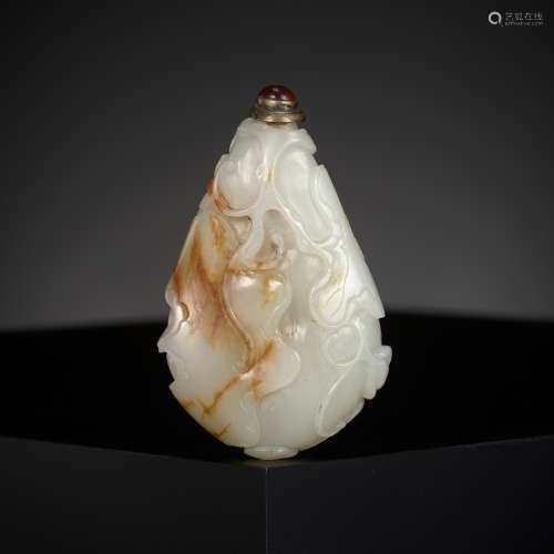A WHITE AND RUSSET JADE ‘GOURD AND BUTTERFLY’ SNUFF BOTTLE, ...