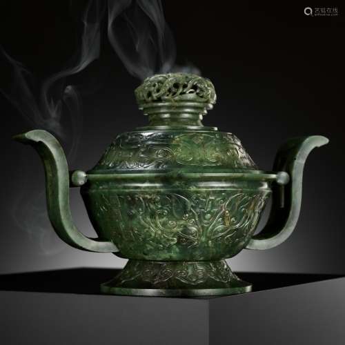 A SPINACH-GREEN JADE GUI-FORM CENSER AND COVER, QIANLONG PER...