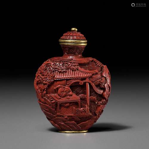 AN IMPERIAL CINNABAR LACQUER ‘ZHANG SHENG’S DREAM’ SNUFF BOT...