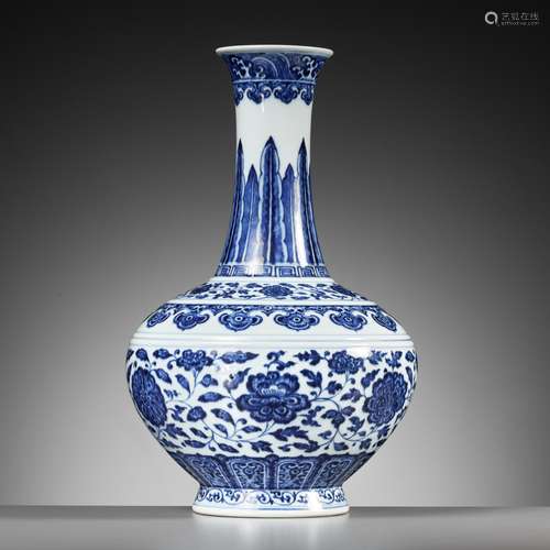 A BLUE AND WHITE ‘MING-STYLE’ BOTTLE VASE, QIANLONG MARK AND...