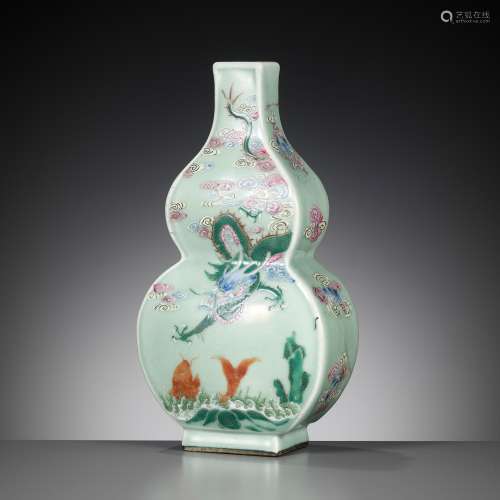 A CELADON-GROUND FAMILLE ROSE ‘DRAGONS AND CARP’ DOUBLE-GOUR...