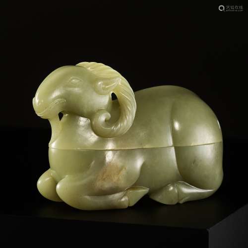 A CARVED CELADON JADE BOX AND COVER IN THE FORM OF A RAM, QI...