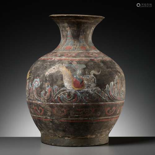 A PAINTED POTTERY ‘ARCHER AND TIGER’ VASE, HU, HAN DYNASTY