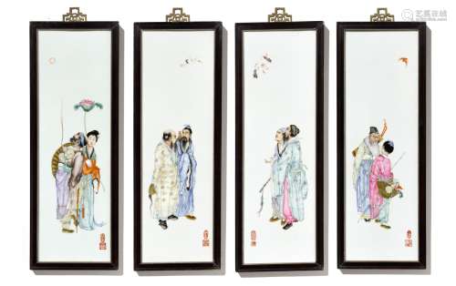 A COMPLETE SET OF FOUR FAMILLE ROSE ‘EIGHT IMMORTALS’ PLAQUE...